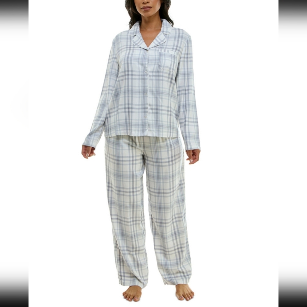 Women's Notched-Collar Flannel Pajama Set Blue/gray